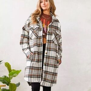 Autres Filles Brown & Cream Fuzzy Faux Wool Flannel Plaid Long Shirt Jacket